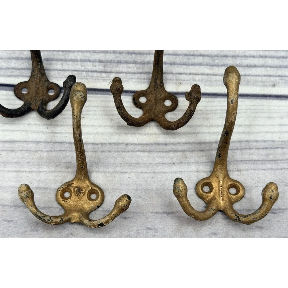 LOT OF 4 ANTIQUE SALVAGED CAST IRON DOUBLE COAT / HAT HOOKS